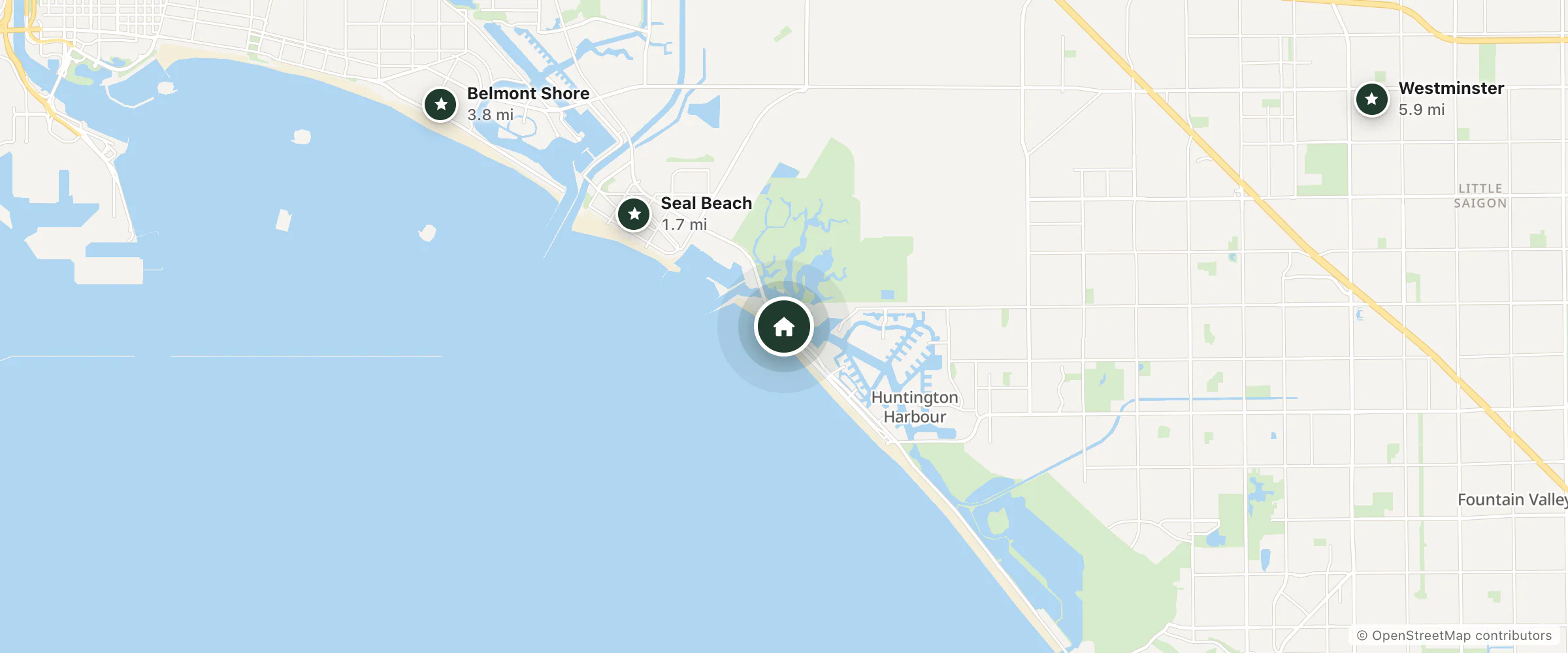 Map of Oceanview Motel and nearby Seal Beach, Belmont Shore and Westminster