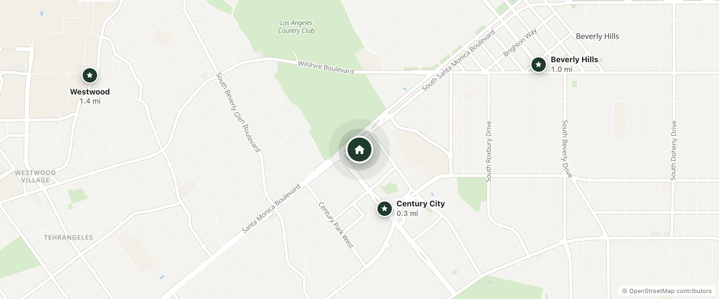 Map of Hotel Roomerz and nearby Century City, Beverly Hills and Westwood