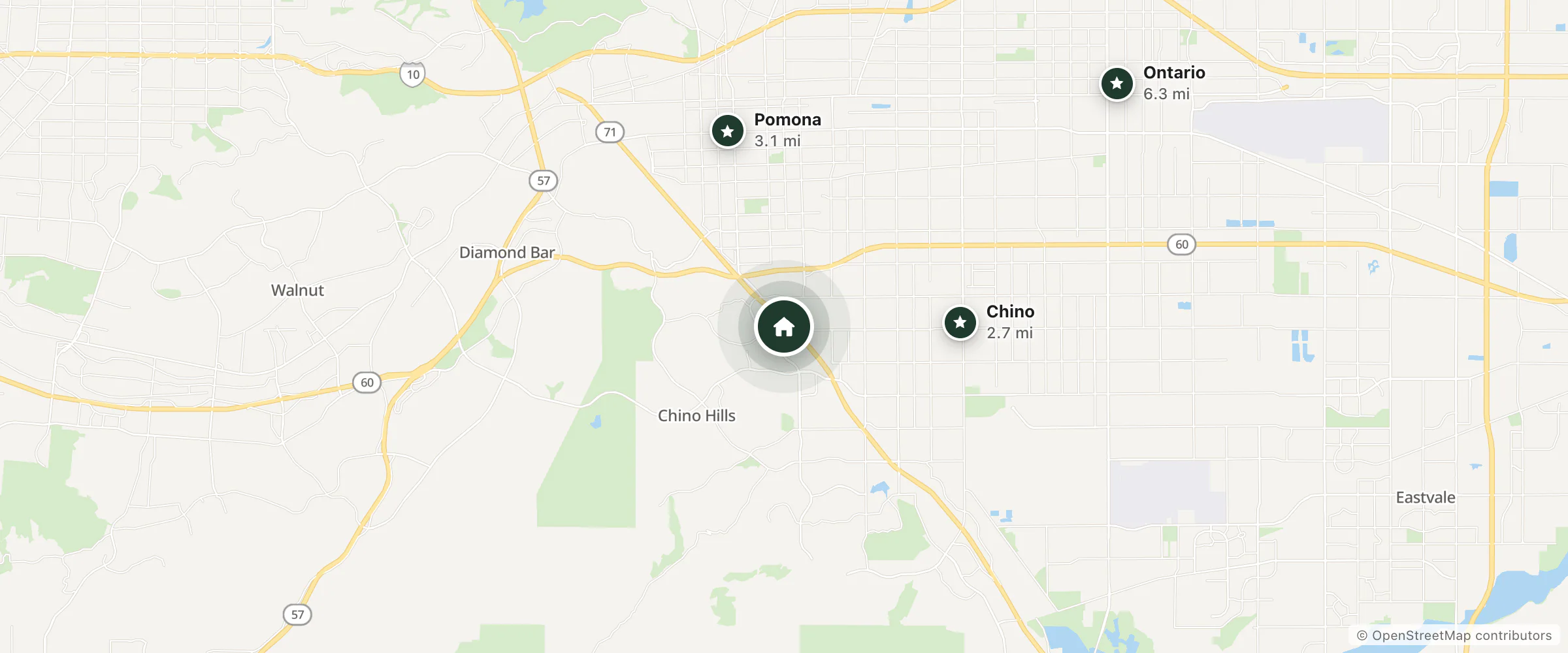 Map of Hampton Inn & Suites and nearby Chino, Pomona and Ontario
