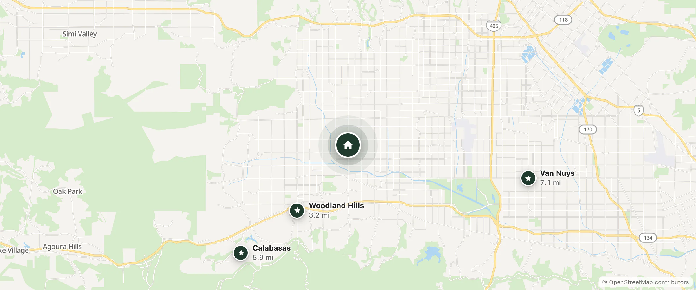 Map of Starlight Inn Canoga Park and nearby Woodland Hills, Calabasas and Van Nuys