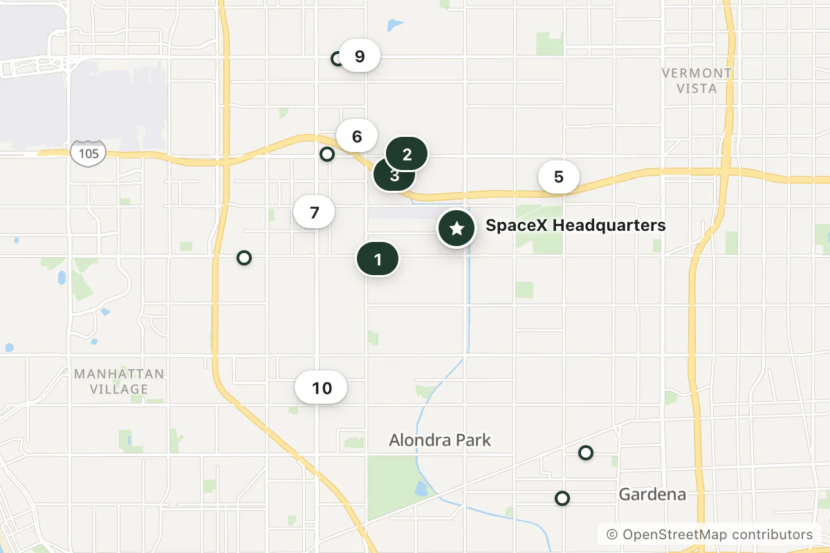 Map of the top 14 hotels for this question around SpaceX Headquarters