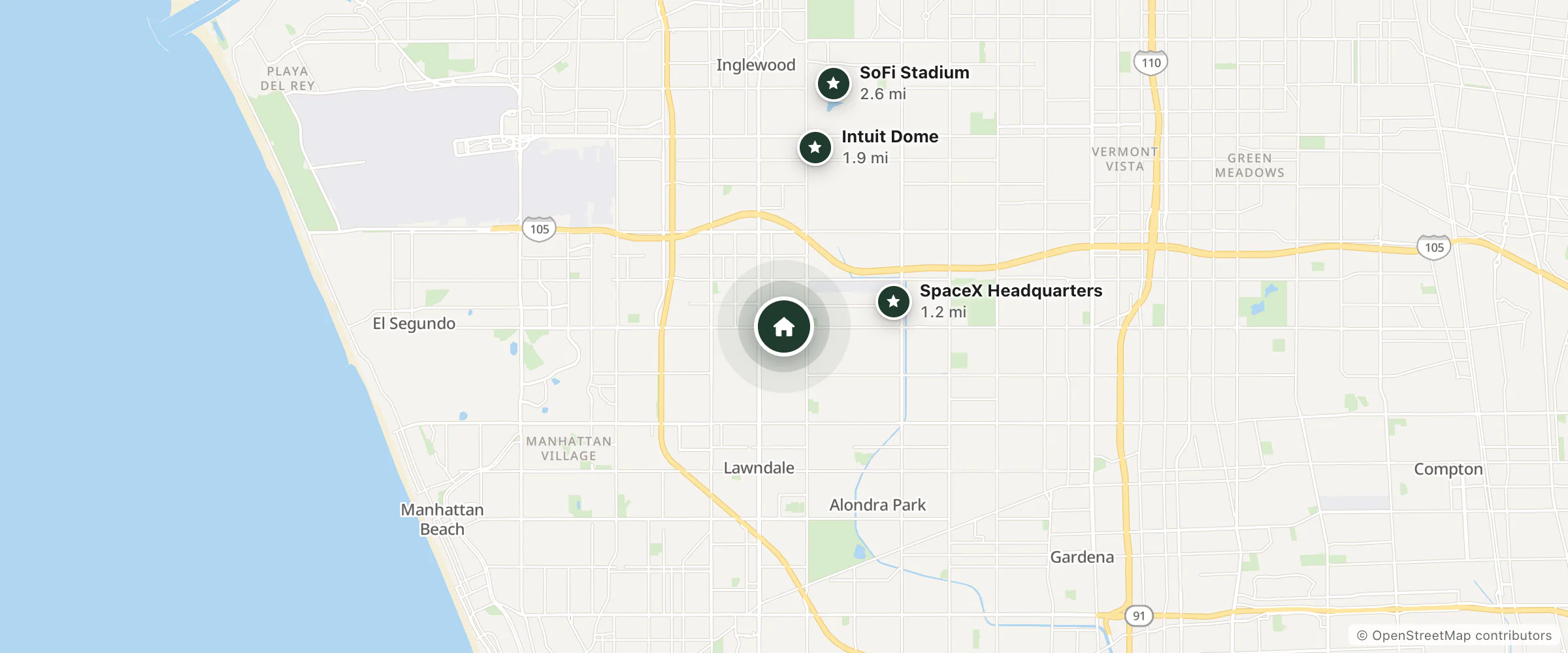 Map of Manor Motel and nearby SpaceX Headquarters, Intuit Dome and SoFi Stadium