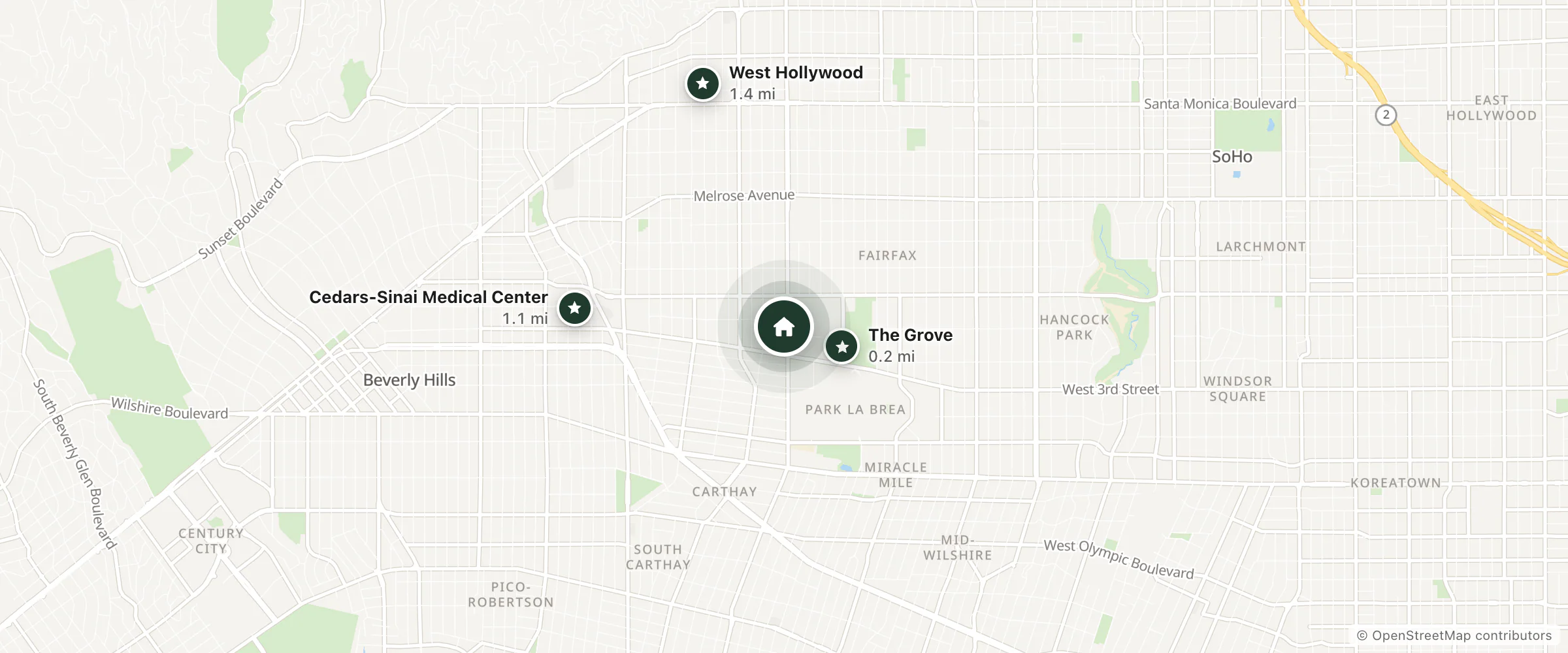Map of Short Stories Hotel and nearby The Grove, Cedars-Sinai Medical Center and West Hollywood