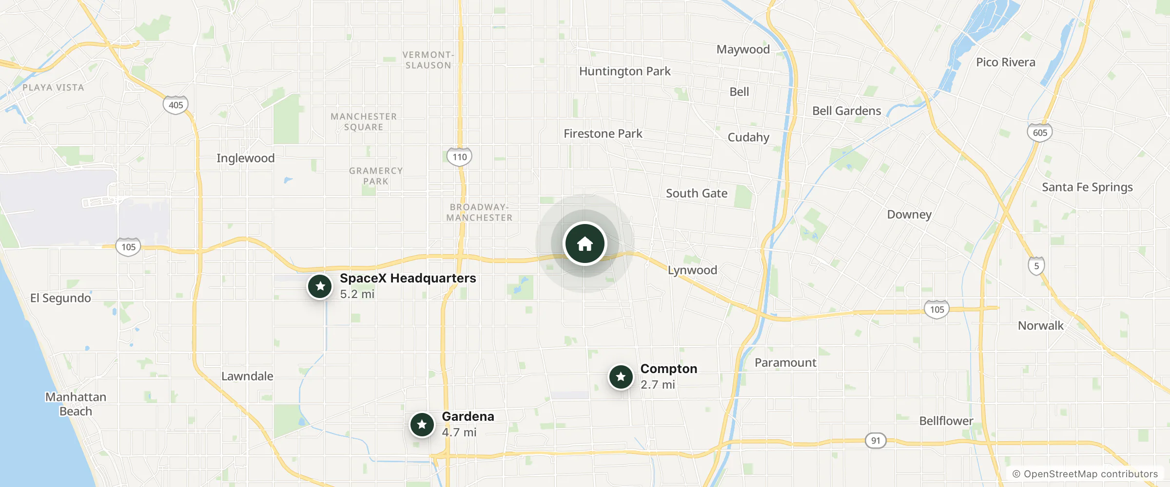 Map of Mirror Motel and nearby Compton, Gardena and SpaceX Headquarters