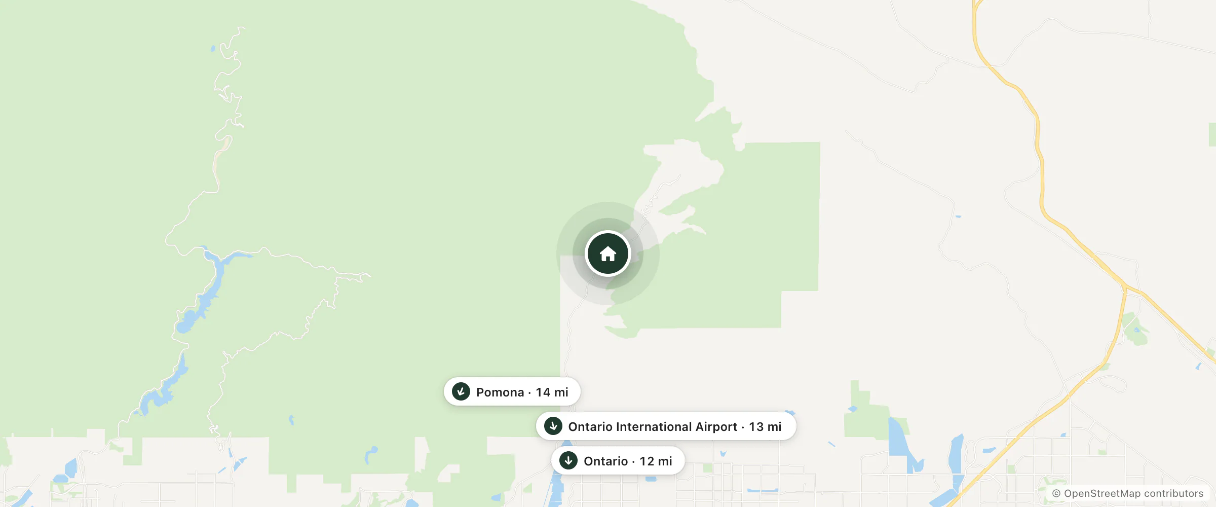 Map of Mount Baldy Lodge and Restaurant and nearby Ontario, Ontario International Airport and Pomona