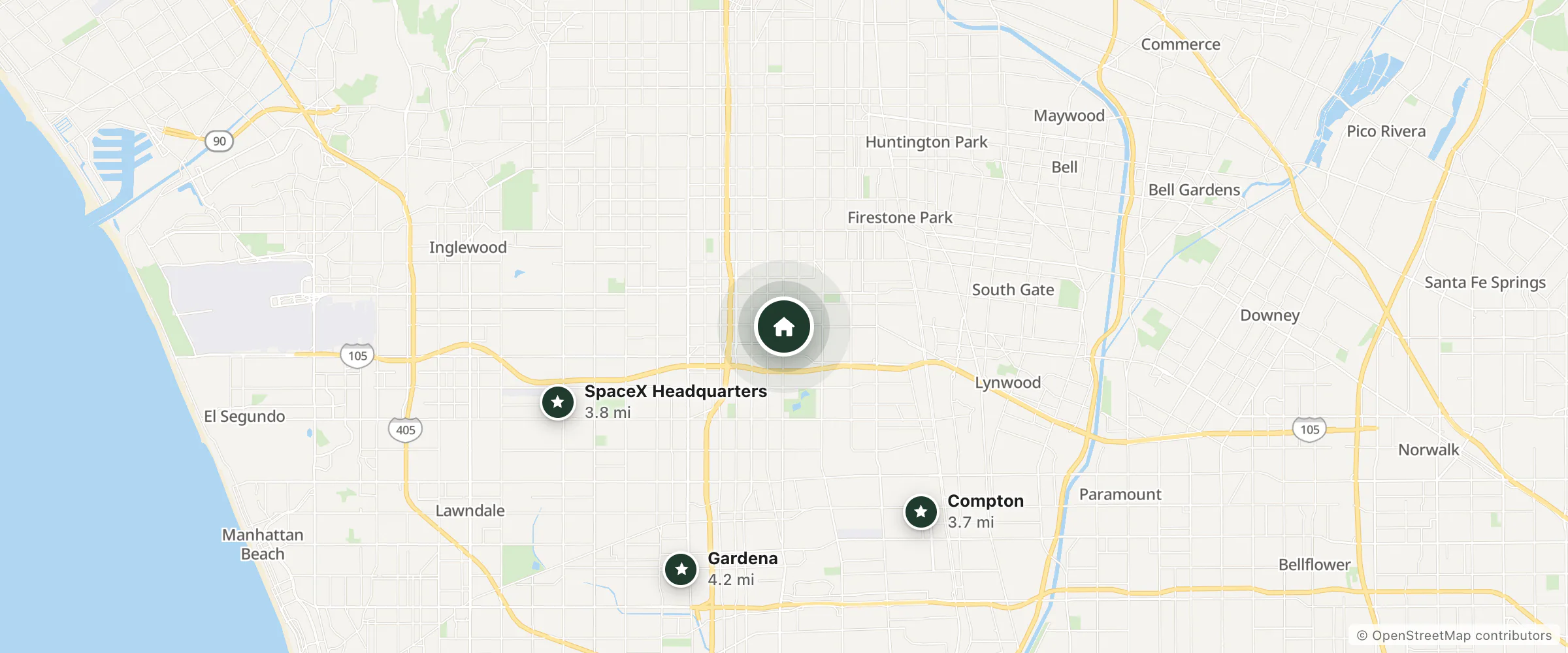 Map of Comet Motel and nearby Compton, SpaceX Headquarters and Gardena