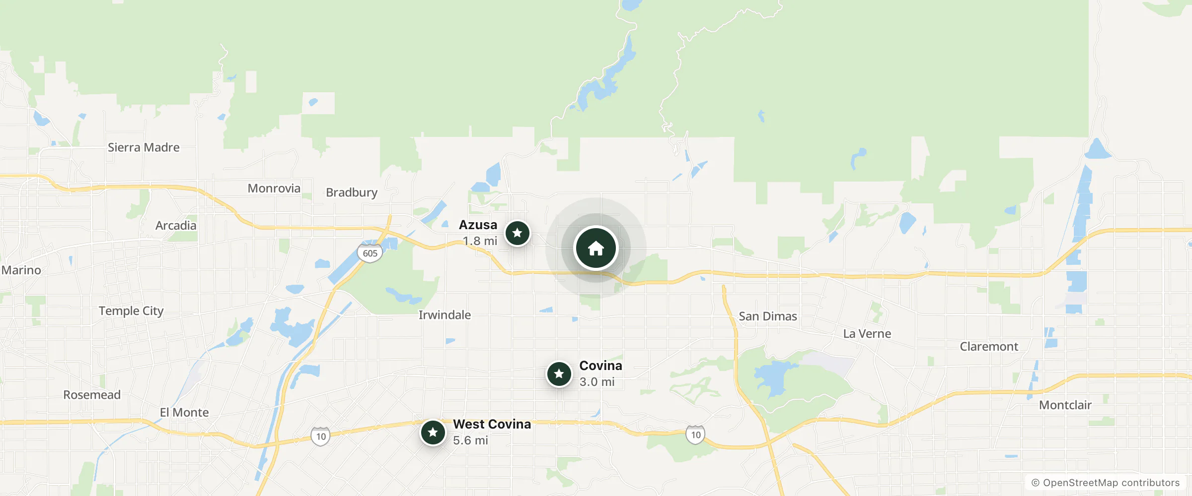 Map of Palm Tropics Motel and nearby Azusa, Covina and West Covina