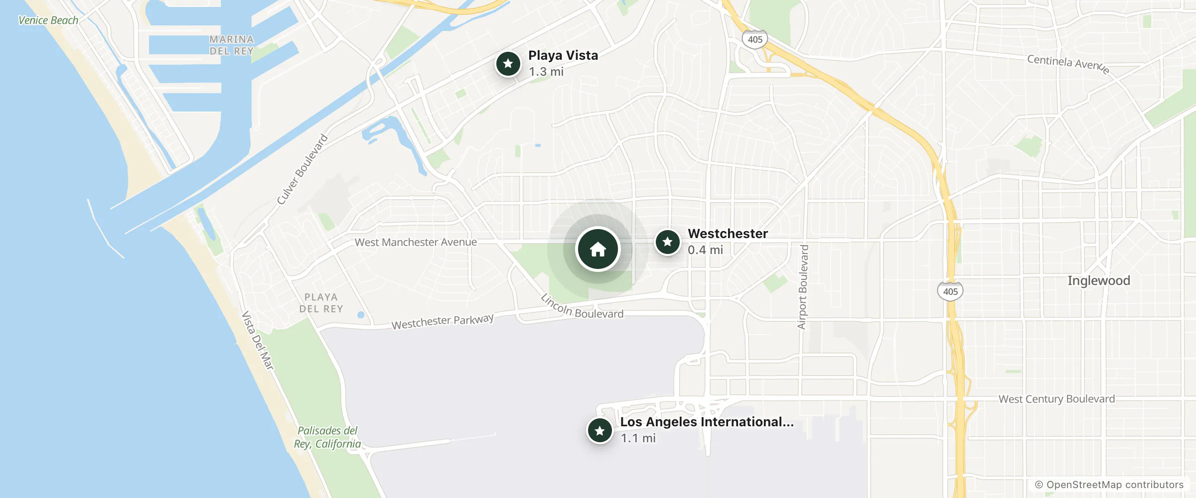 Map of Relais in LA and nearby Westchester, Los Angeles International Airport and Playa Vista