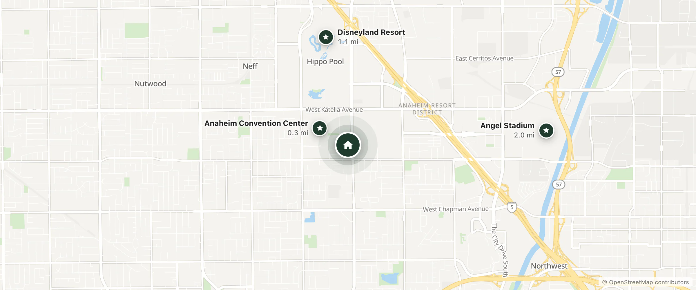 Map of Hyatt Place and nearby Anaheim Convention Center, Disneyland Resort and Angel Stadium