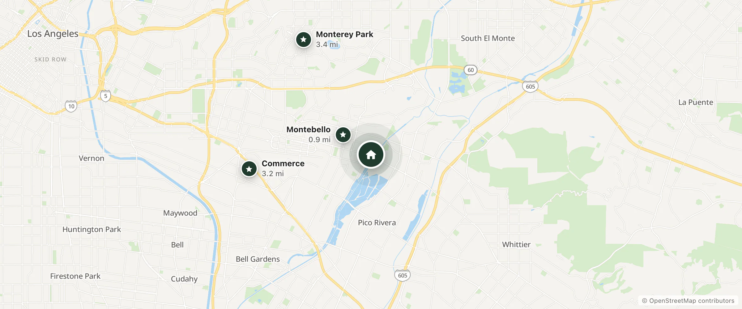 Map of Royala Motel and nearby Montebello, Commerce and Monterey Park