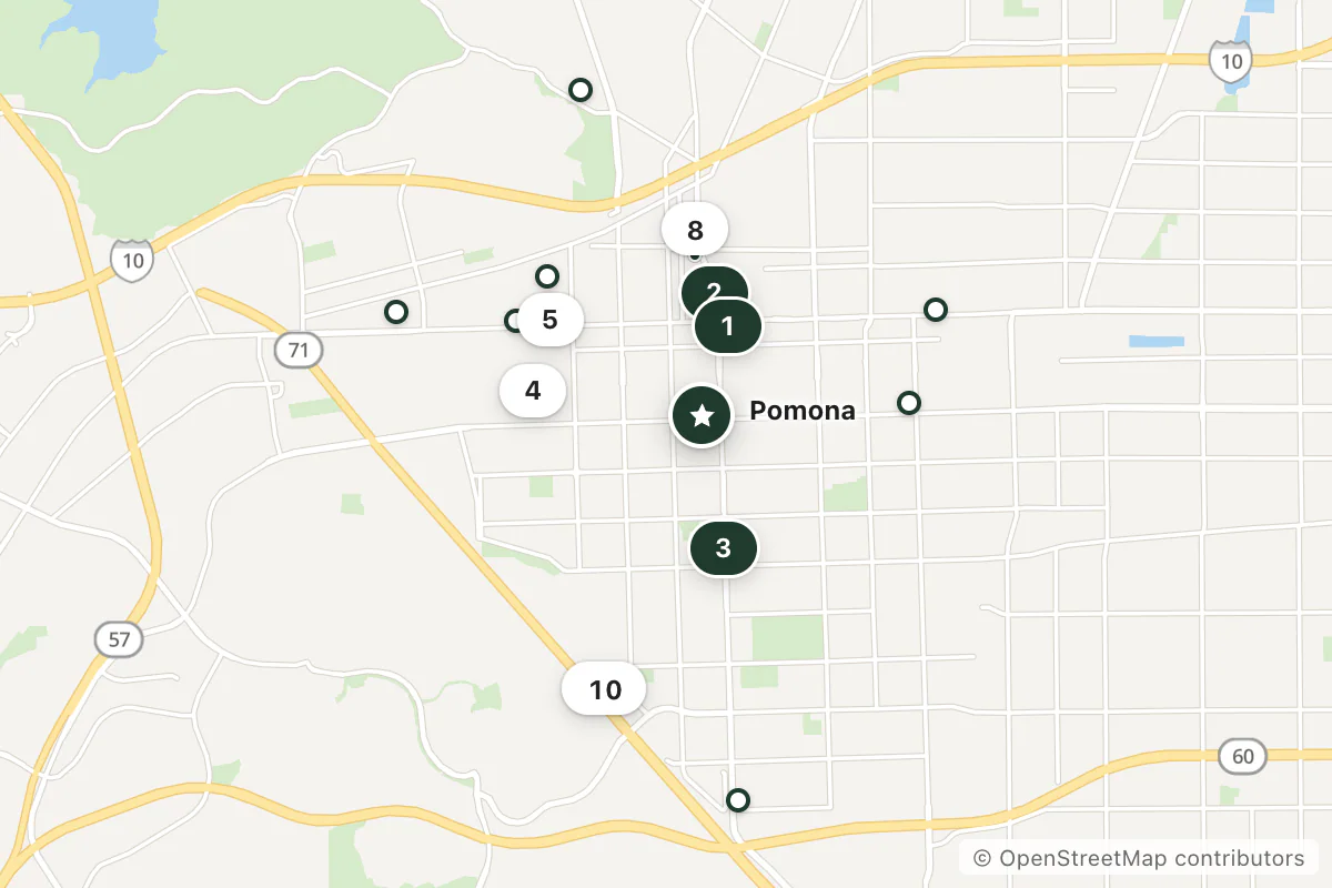 Map of the top 16 hotels for this question around Pomona