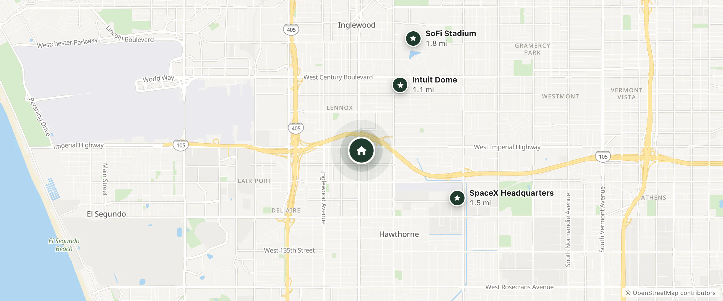 Map of Holiday Inn Express and Suites Los Angeles Airport Hawthorne and nearby Intuit Dome, SpaceX Headquarters and SoFi Stadium