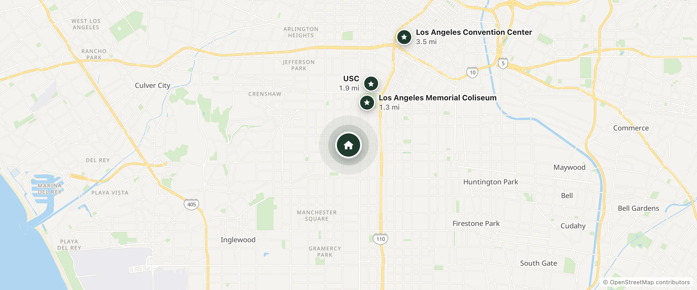 Map of SleepCheap BnB and nearby Los Angeles Memorial Coliseum, USC and Los Angeles Convention Center