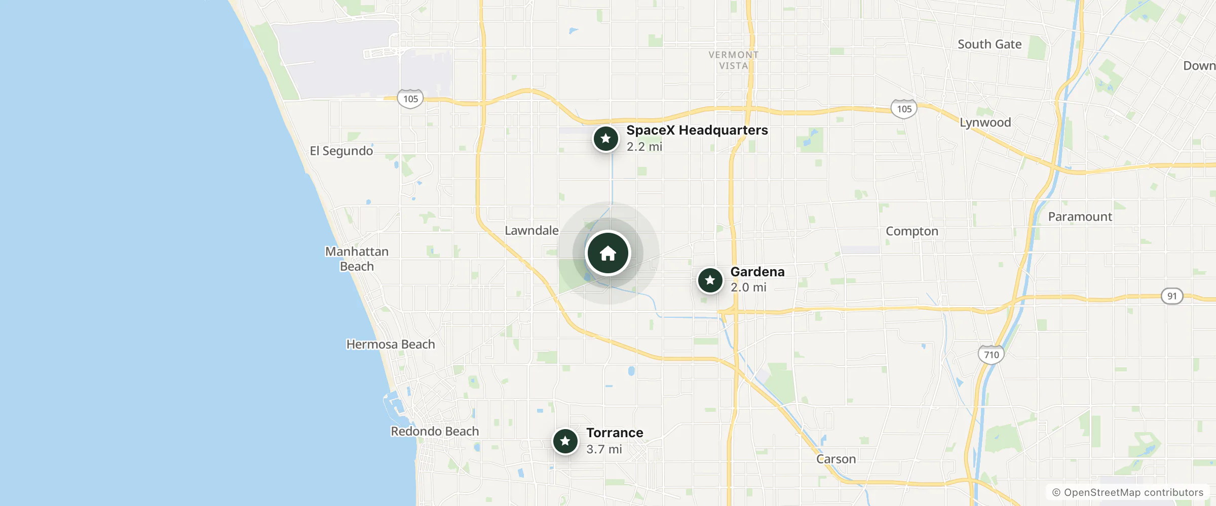 Map of Camino Palms and nearby Gardena, SpaceX Headquarters and Torrance
