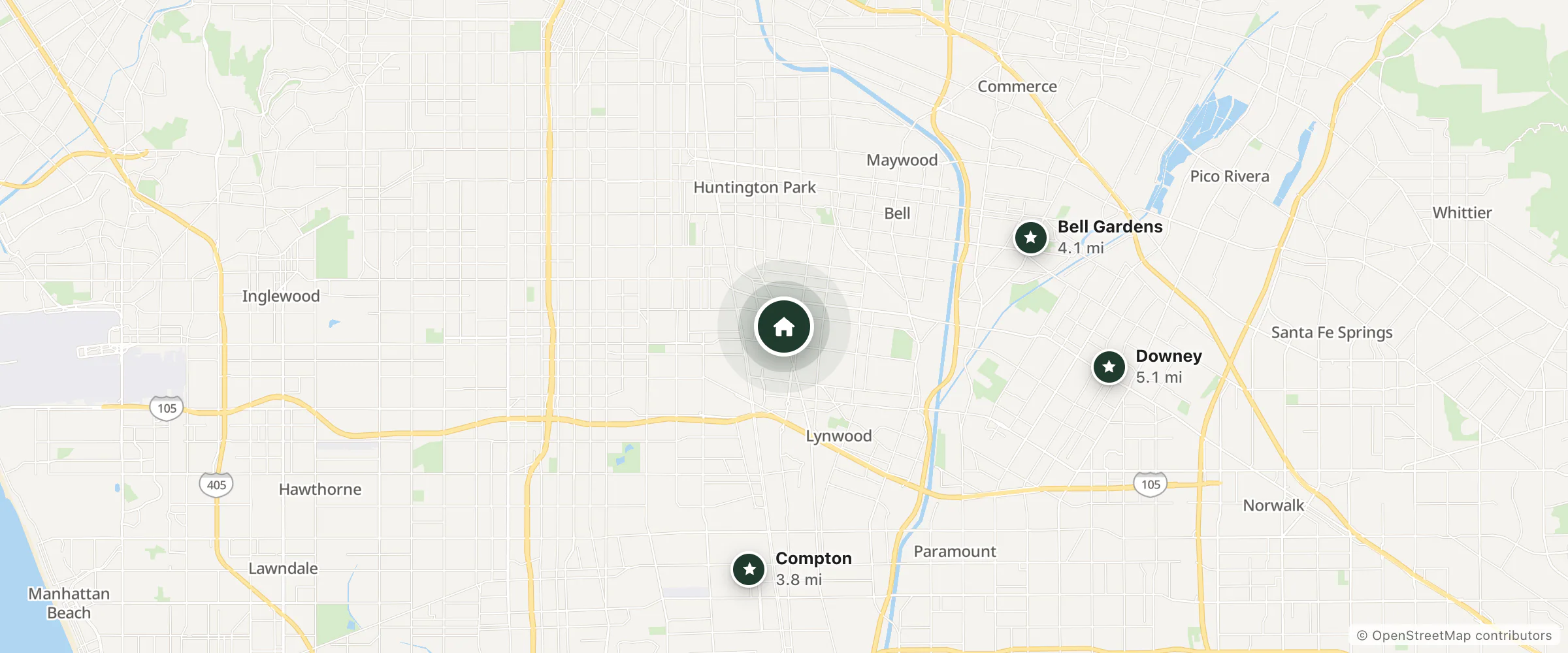 Map of Vogue Motel and nearby Compton, Bell Gardens and Downey