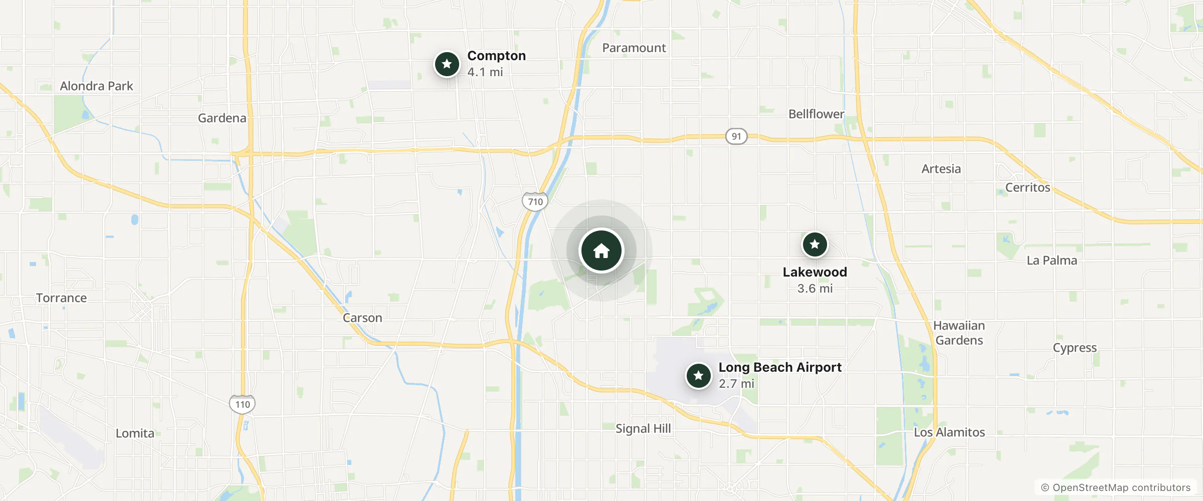 Map of Wiltern motel and nearby Long Beach Airport, Lakewood and Compton
