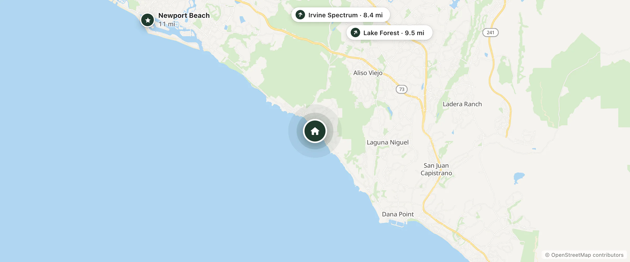 Map of Capri Laguna and nearby Irvine Spectrum, Lake Forest and Newport Beach