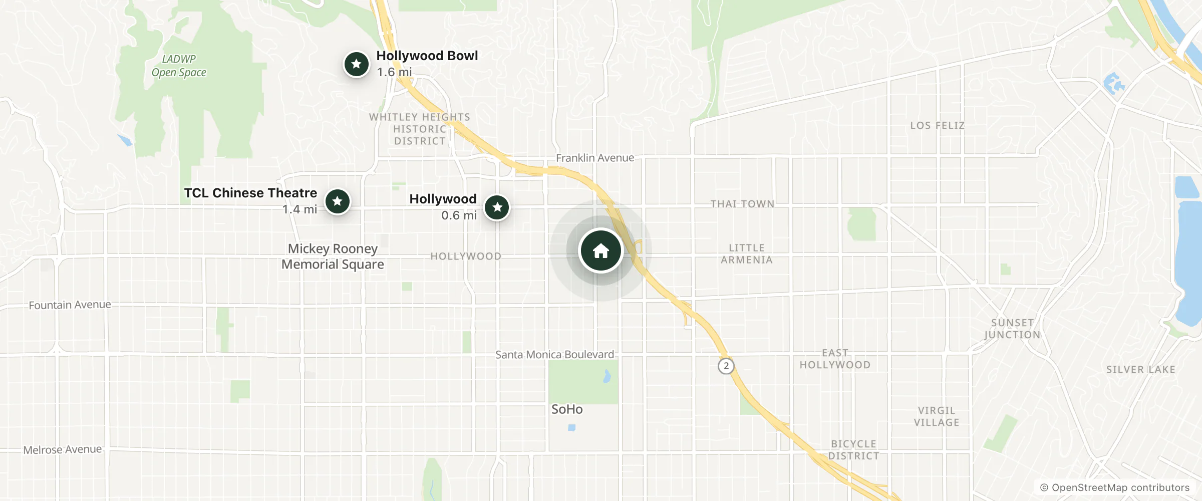 Map of St Moritz Hotel and nearby Hollywood, TCL Chinese Theatre and Hollywood Bowl