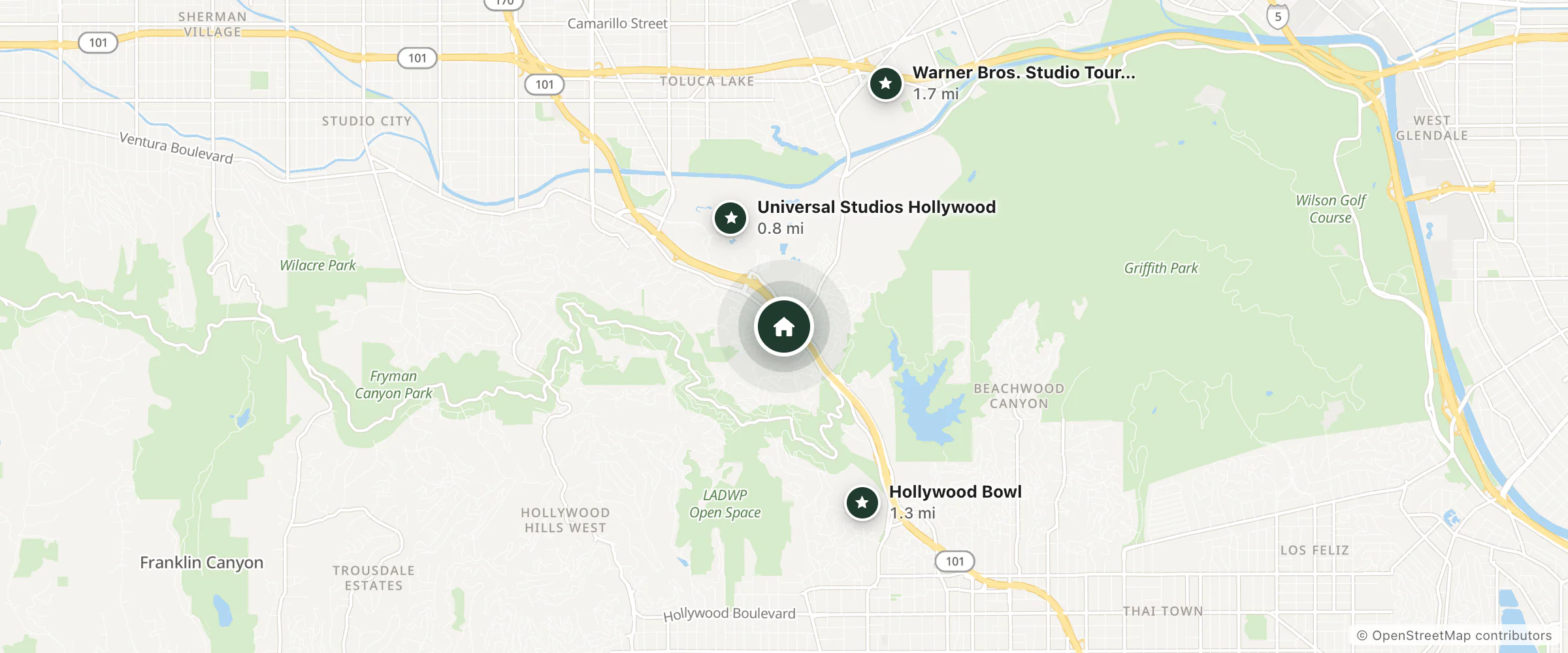 Map of Tilt Hotel Universal Hollywood and nearby Universal Studios Hollywood, Hollywood Bowl and Warner Bros. Studio Tour Hollywood