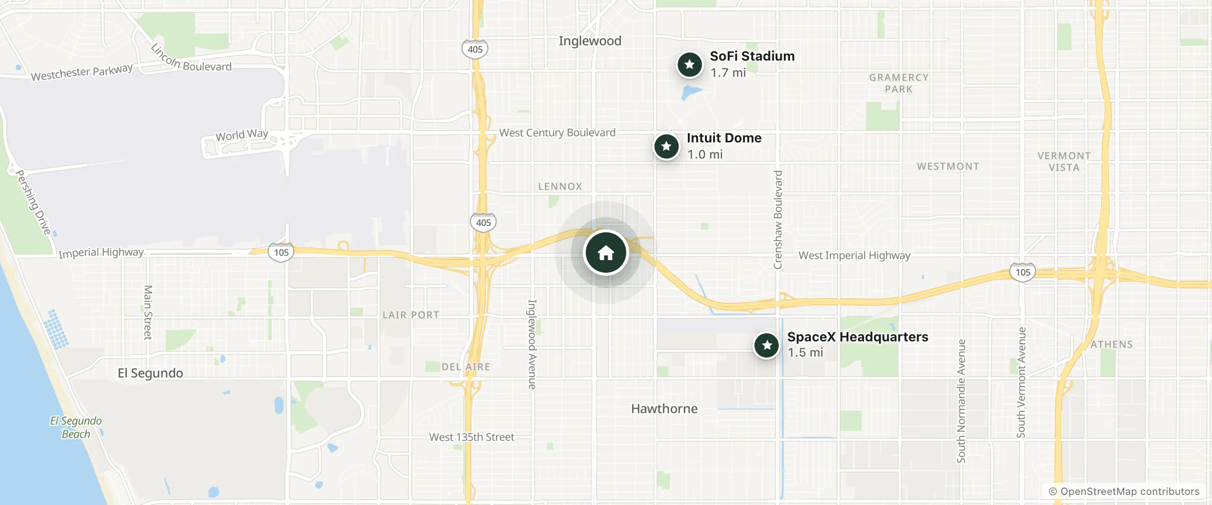 Map of Acacia Inn and nearby Intuit Dome, SpaceX Headquarters and SoFi Stadium