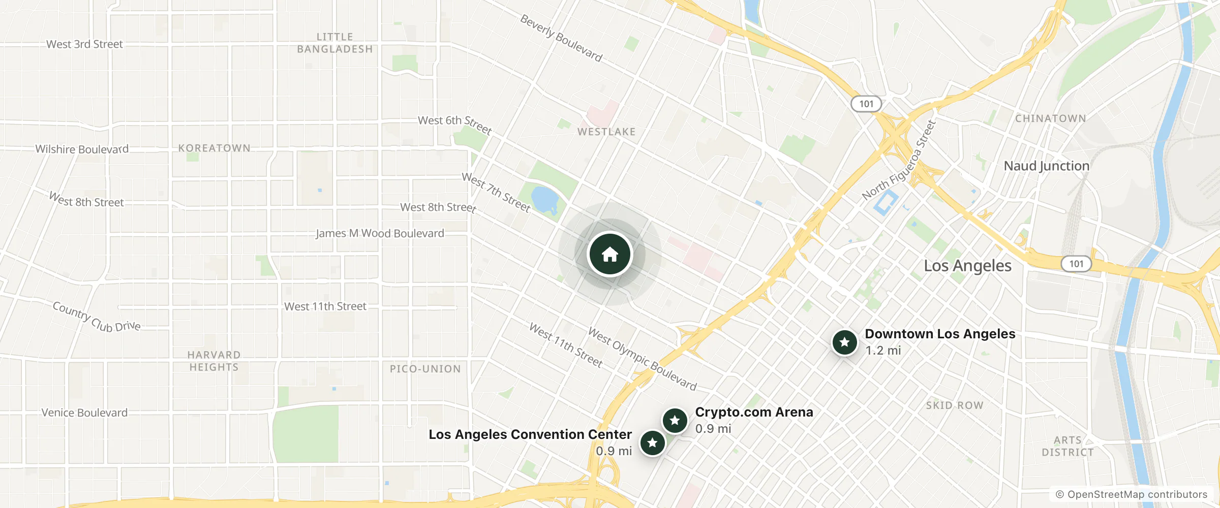 Map of Hotel Solaire Los Angeles and nearby Crypto.com Arena, Los Angeles Convention Center and Downtown Los Angeles