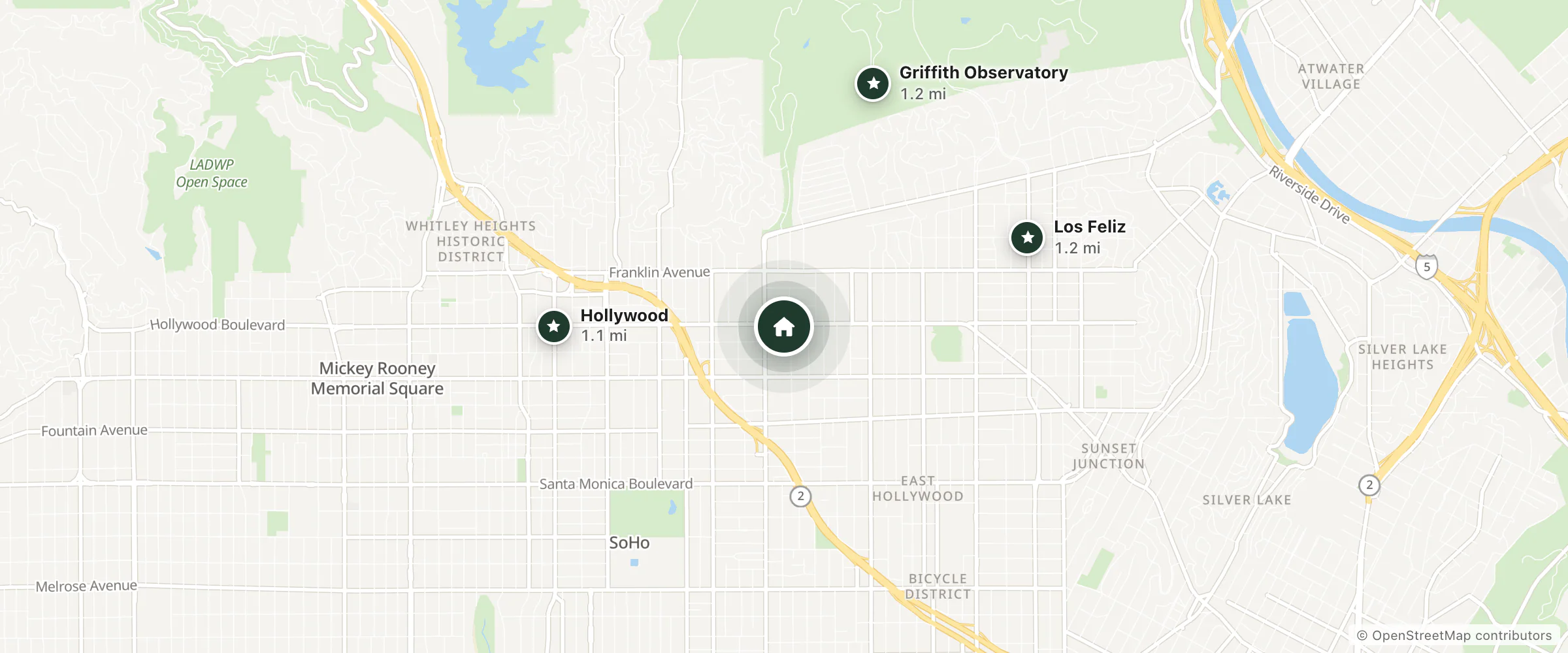 Map of The Dixie Hollywood Hotel and nearby Hollywood, Griffith Observatory and Los Feliz