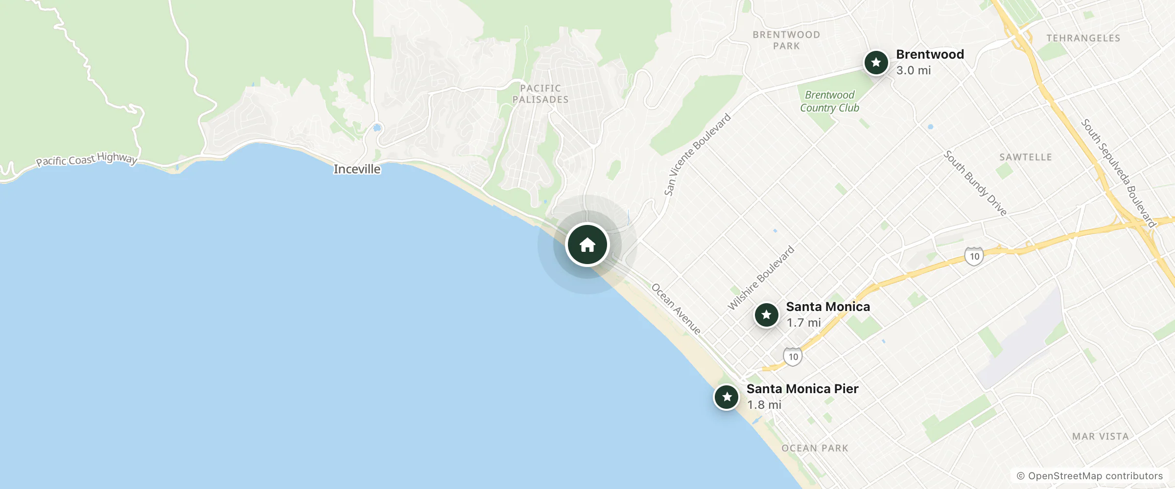 Map of Pacific Coast Suites and nearby Santa Monica, Santa Monica Pier and Brentwood
