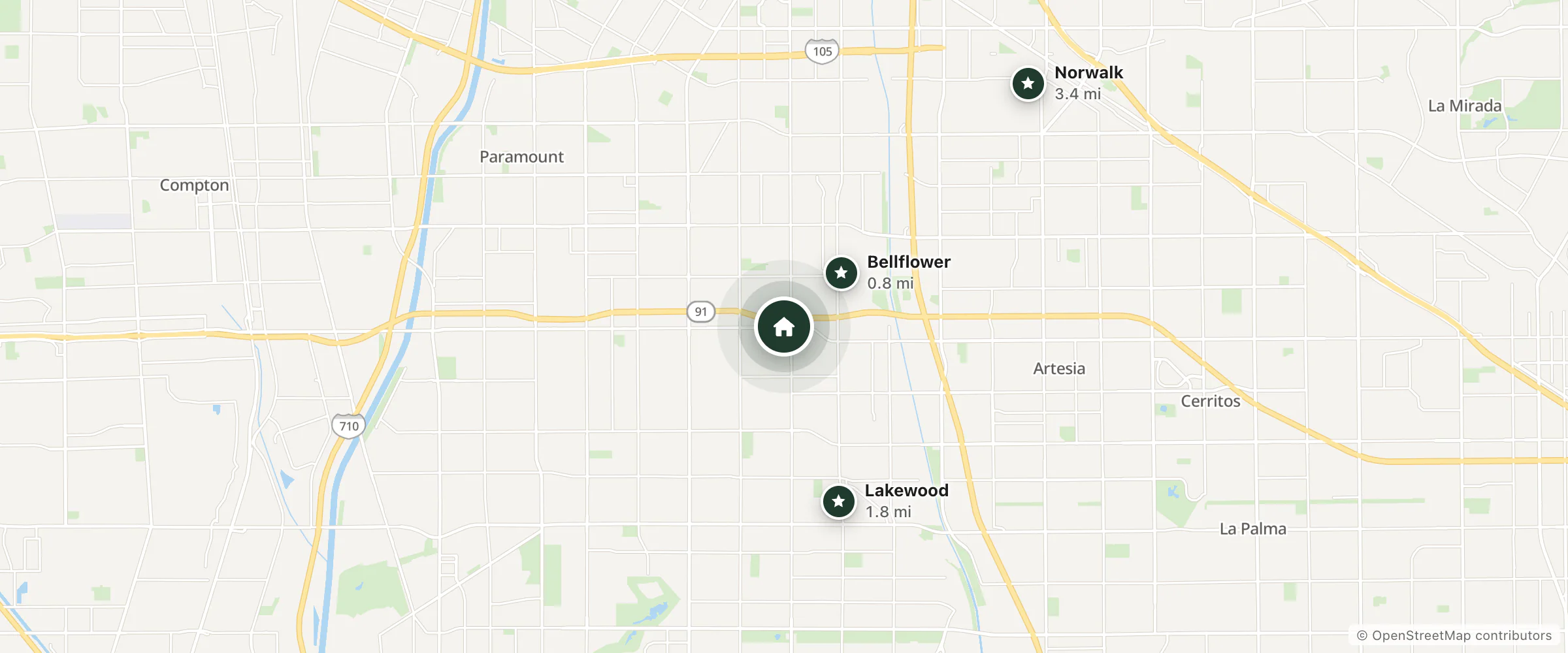 Map of Thomas Motel and nearby Bellflower, Lakewood and Norwalk