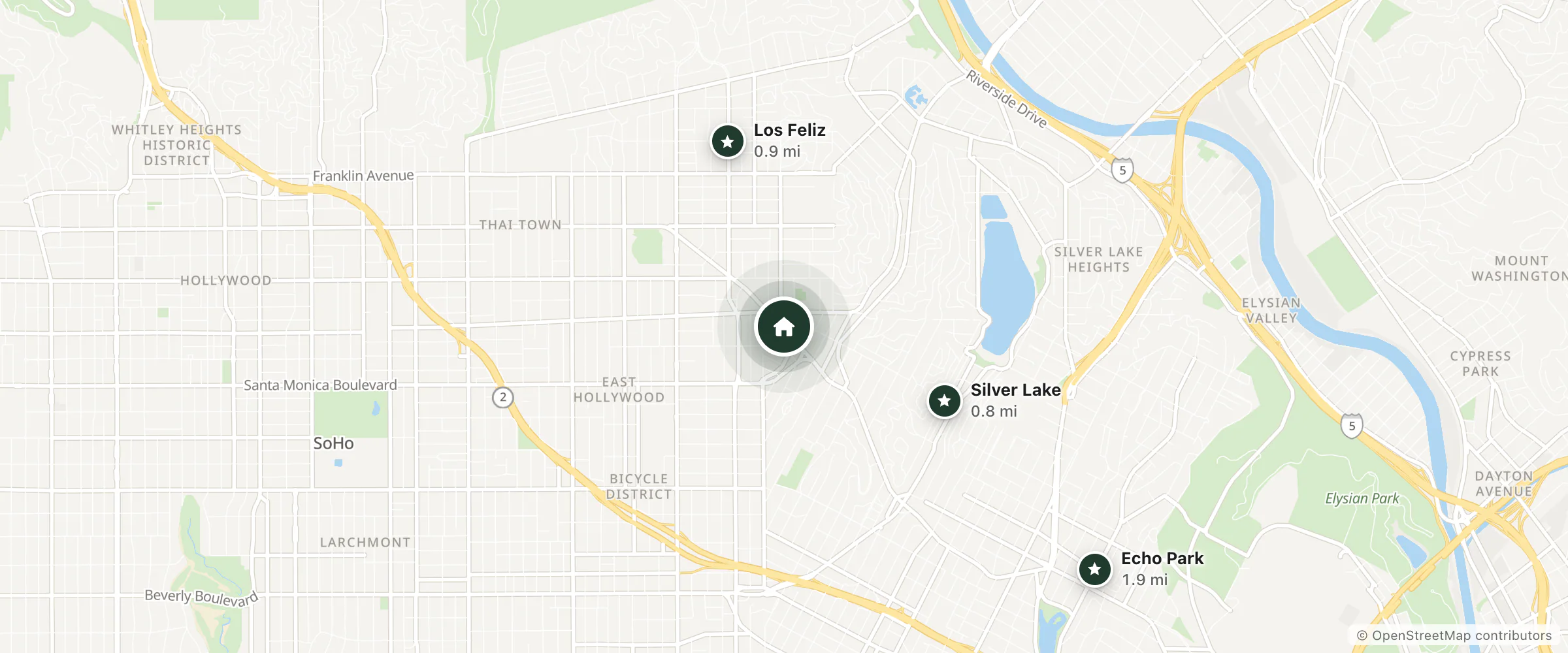 Map of Sunset Pacific Motel and nearby Silver Lake, Los Feliz and Echo Park