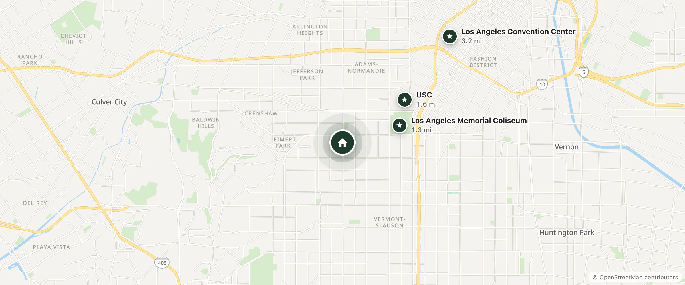 Map of Mustang Hotel and nearby Los Angeles Memorial Coliseum, USC and Los Angeles Convention Center
