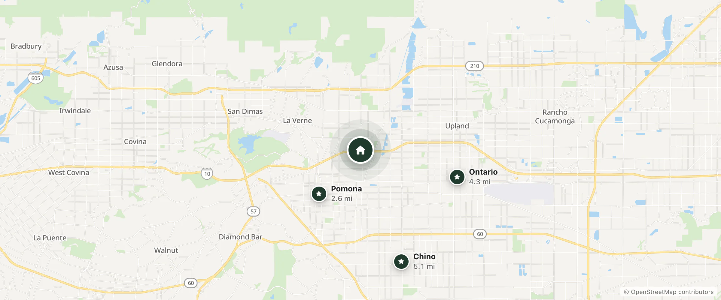 Map of Knights Inn Claremont and nearby Pomona, Ontario and Chino