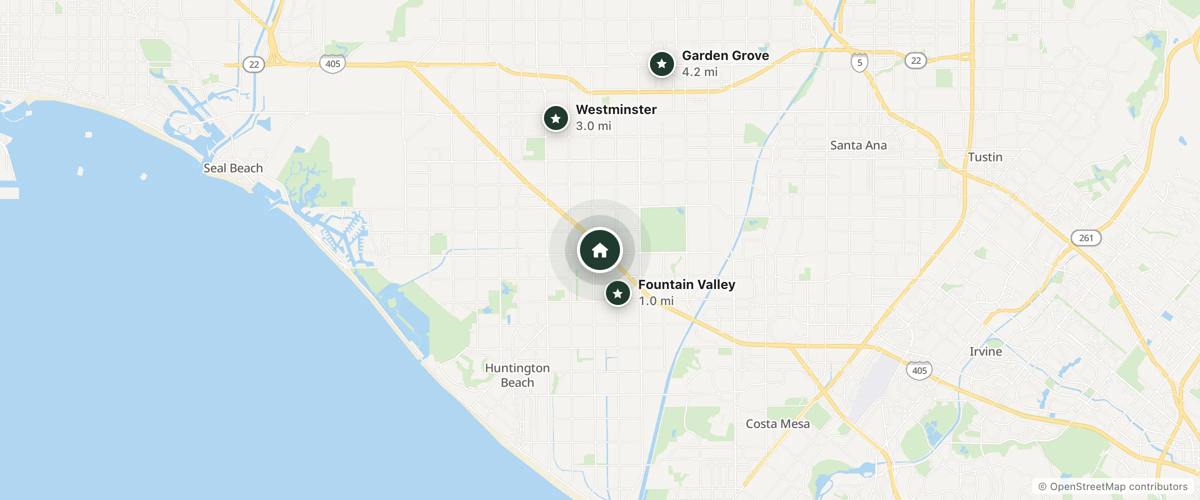 Map of Motel 6 Fountain Valley and nearby Fountain Valley, Westminster and Garden Grove