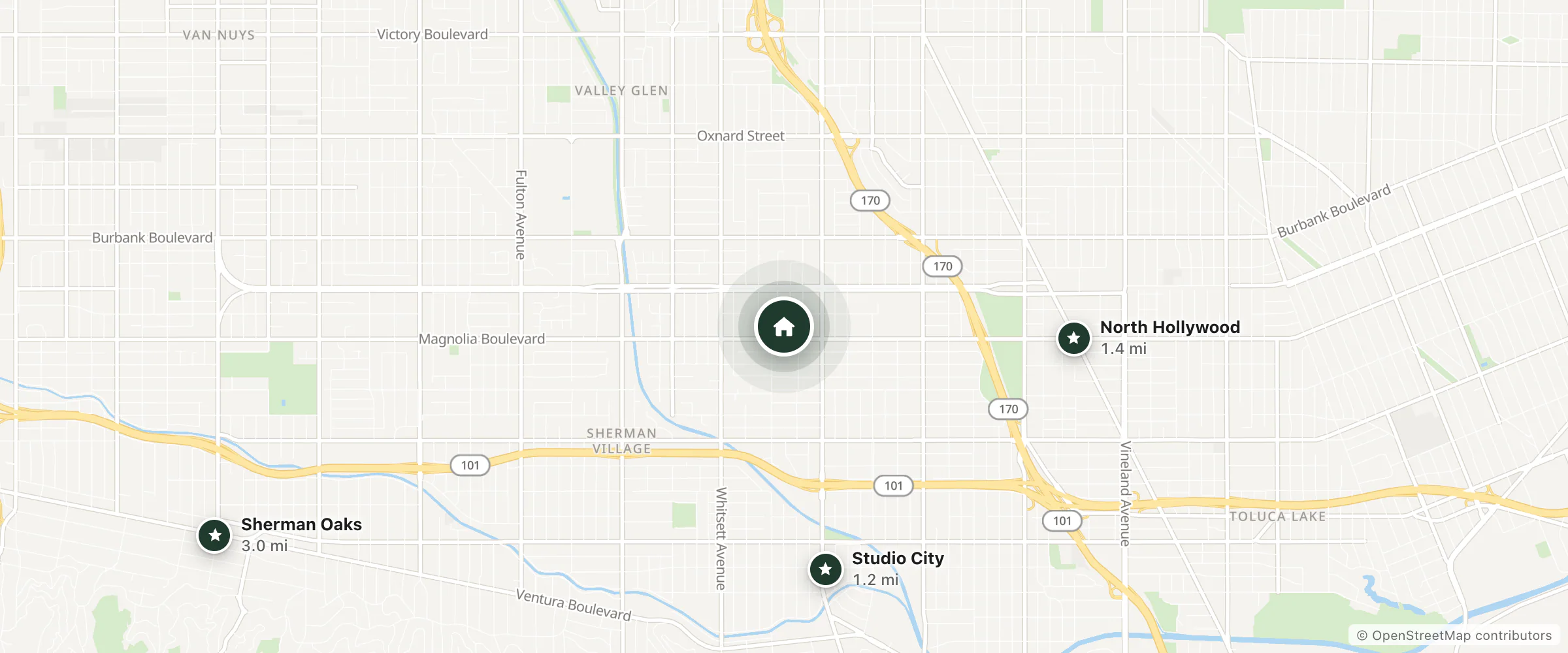 Map of Charming Valley Village Guesthouse and nearby Studio City, North Hollywood and Sherman Oaks