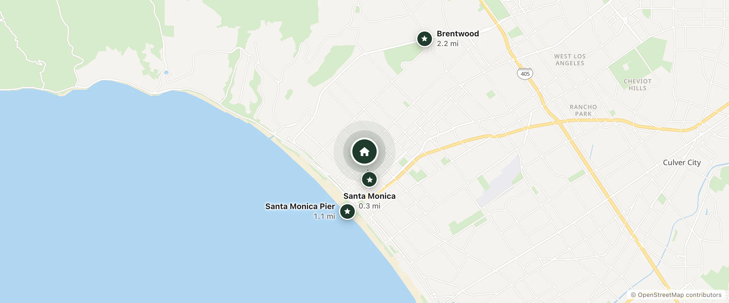 Map of Raymond Hotel and nearby Santa Monica, Santa Monica Pier and Brentwood