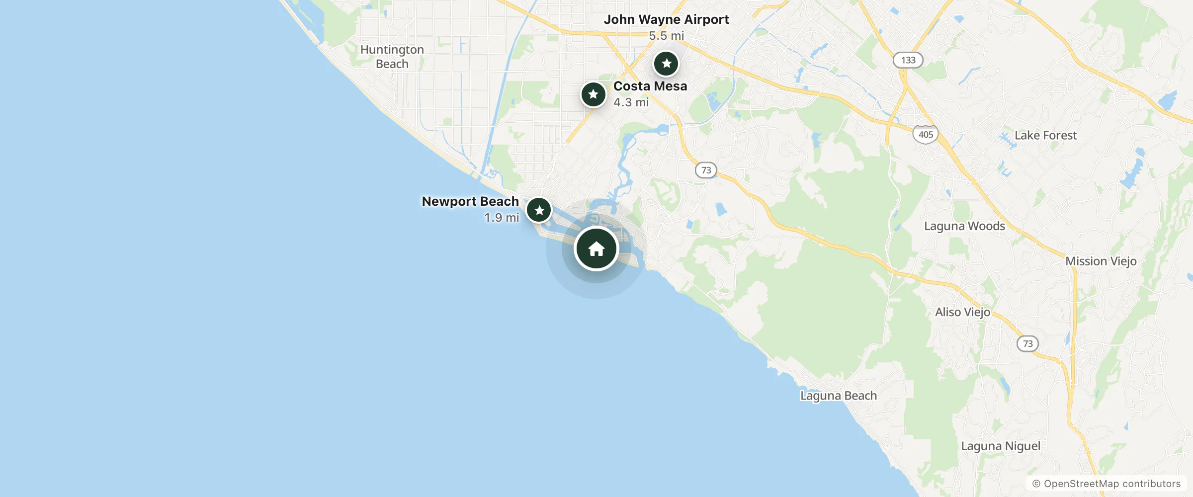 Map of Balboa Beach Front and nearby Newport Beach, Costa Mesa and John Wayne Airport