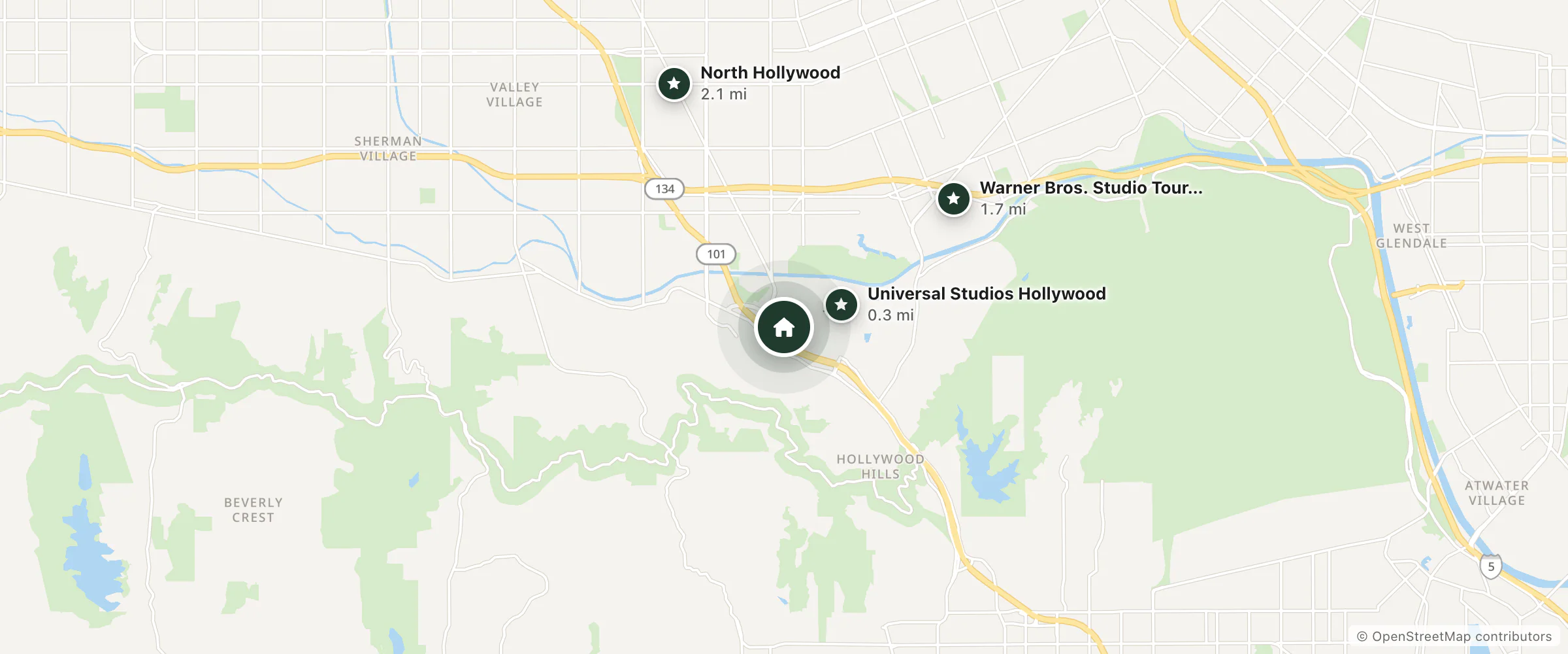 Map of 333 Universal Hollywood Dr and nearby Universal Studios Hollywood, Warner Bros. Studio Tour Hollywood and North Hollywood