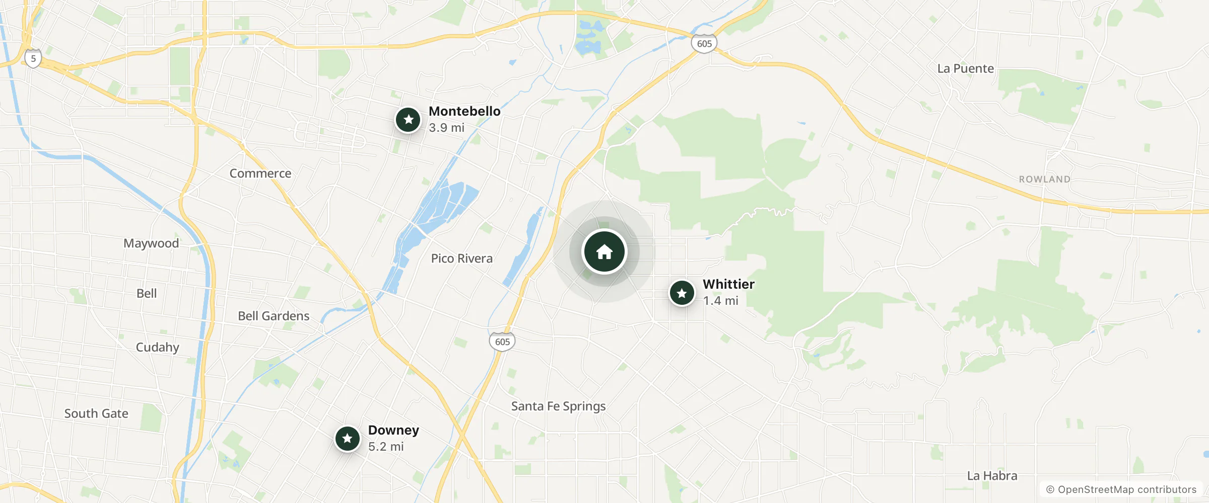 Map of OYO USA and nearby Whittier, Montebello and Downey