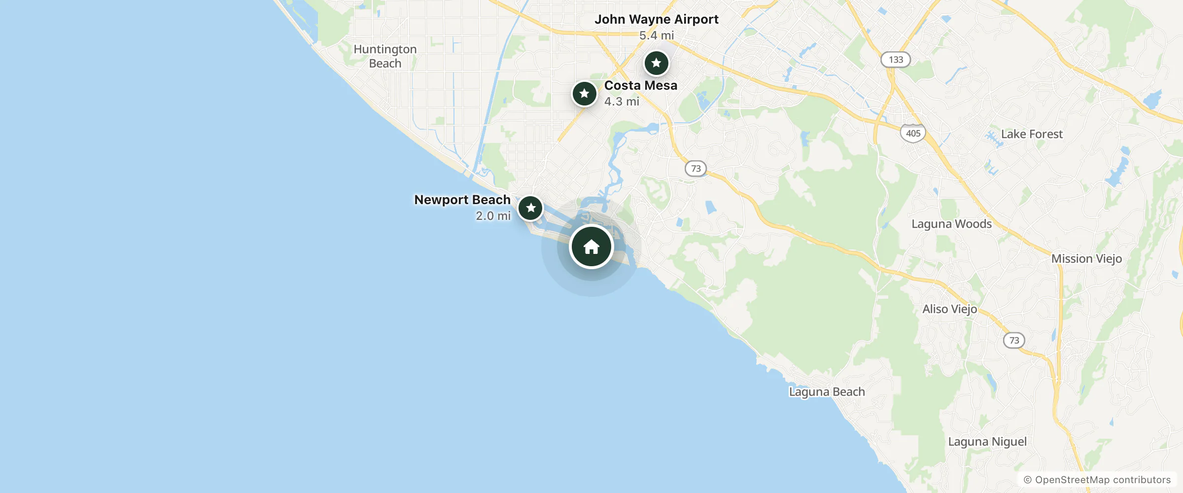 Map of Balboa Inn and nearby Newport Beach, Costa Mesa and John Wayne Airport