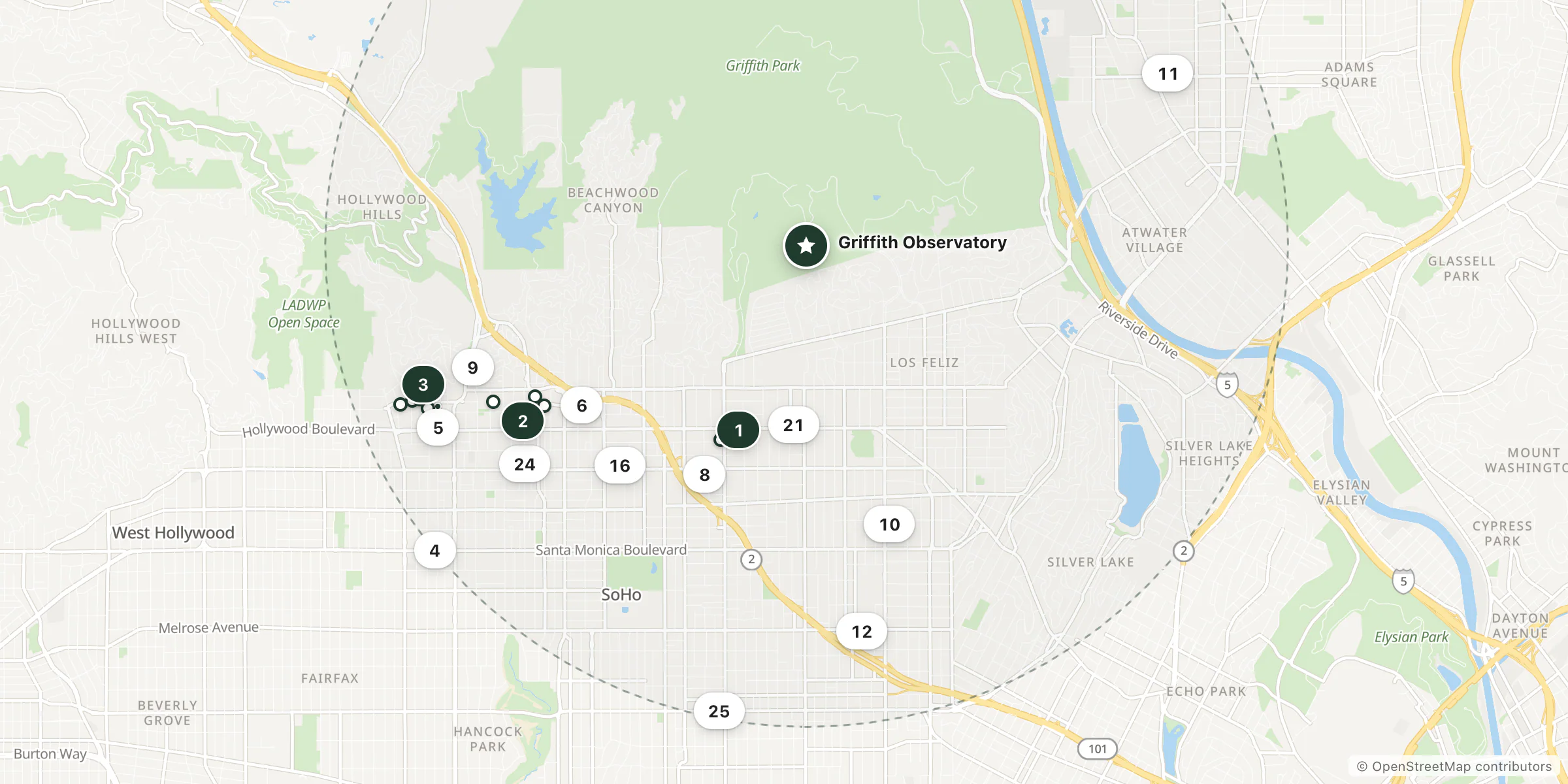 Map of hotels near Griffith Observatory