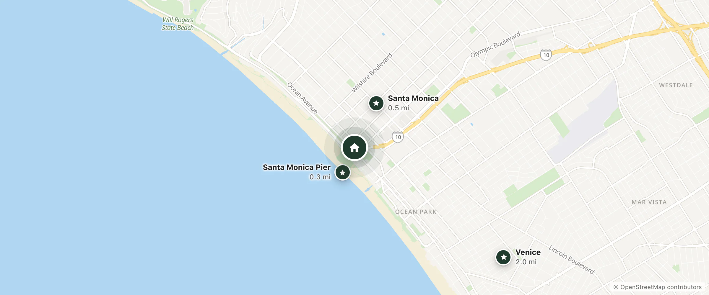 Map of Santa Monica Travelodge and nearby Santa Monica Pier, Santa Monica and Venice