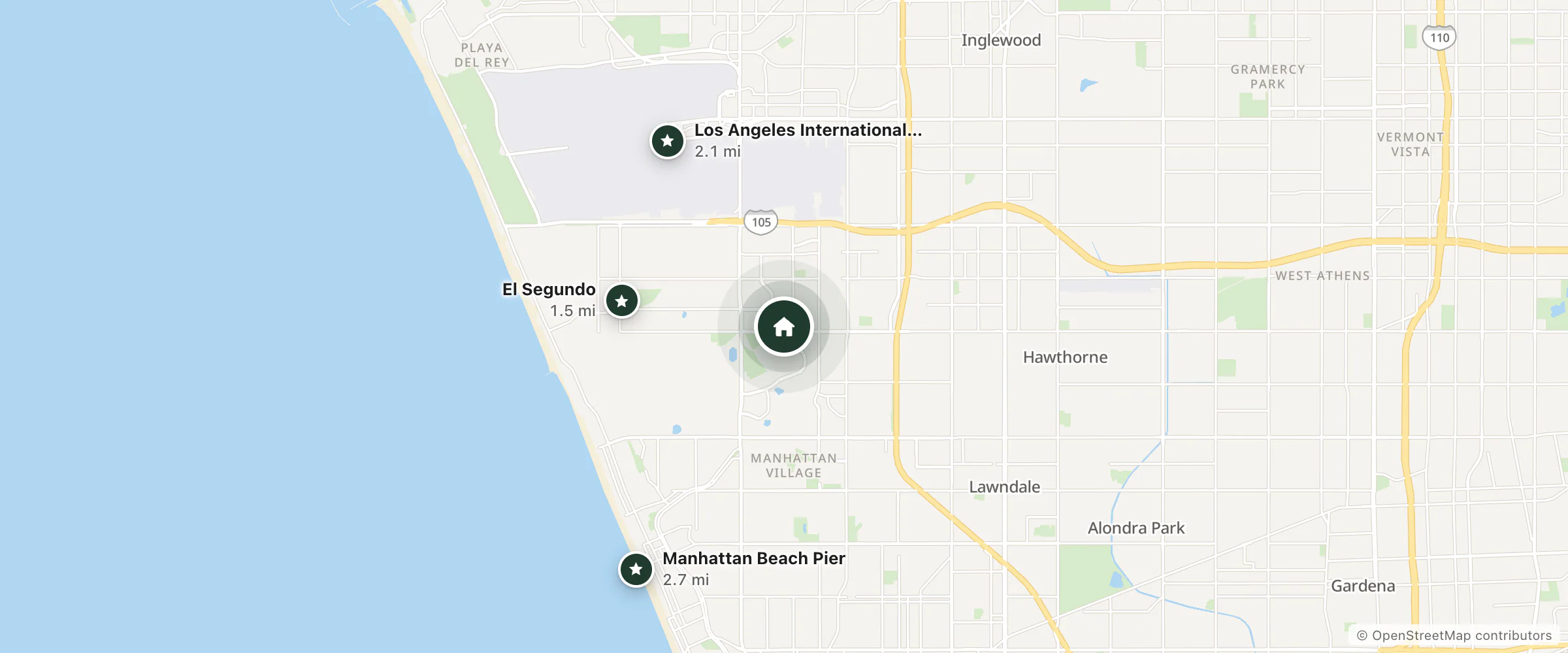 Map of Residence Inn and nearby El Segundo, Los Angeles International Airport and Manhattan Beach Pier