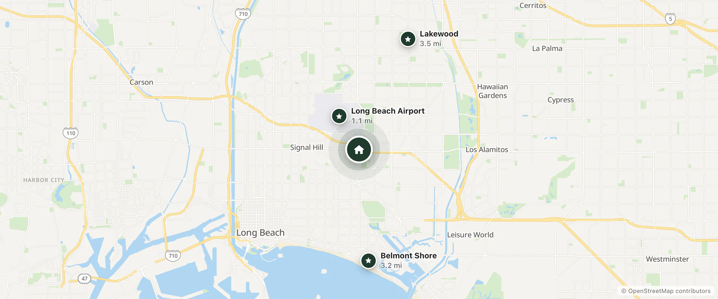 Map of Holiday Inn Long Beach Airport and nearby Long Beach Airport, Belmont Shore and Lakewood