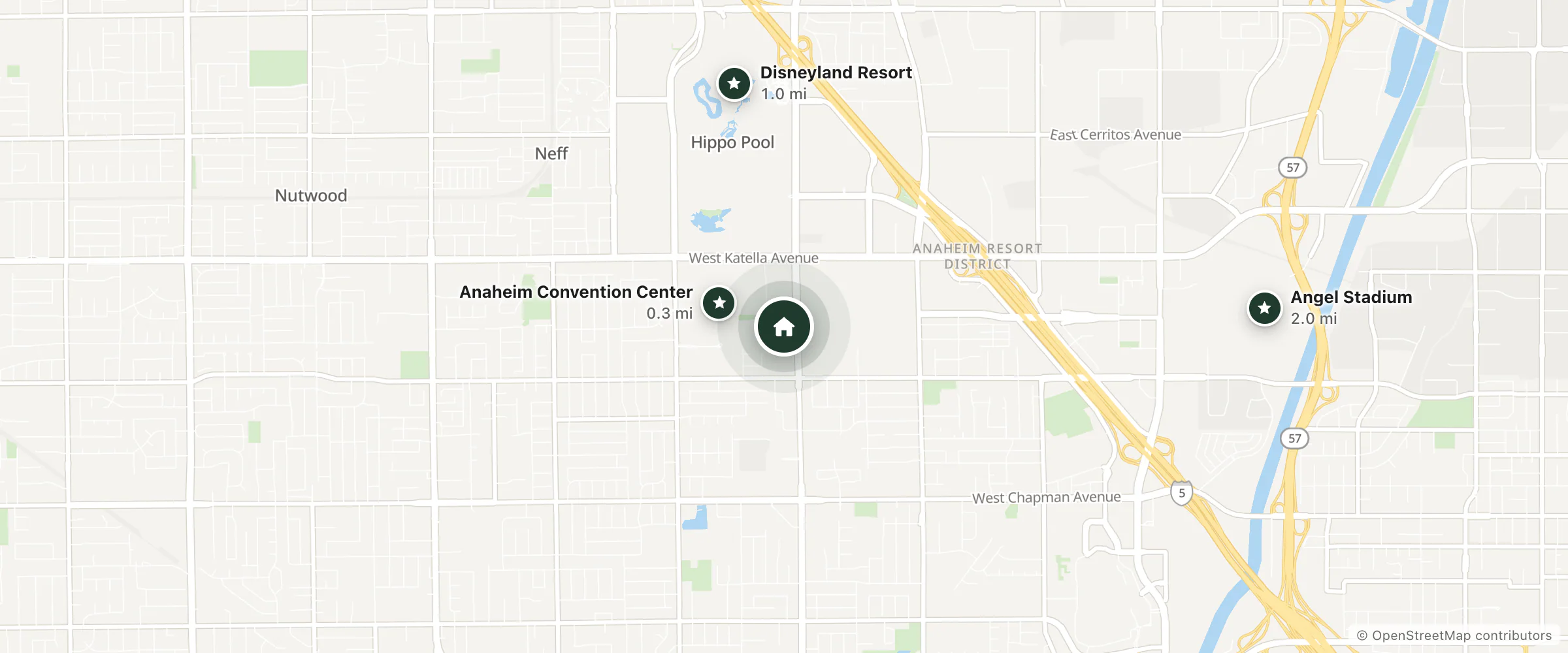 Map of Clarion Hotel Anaheim Resort and nearby Anaheim Convention Center, Disneyland Resort and Angel Stadium