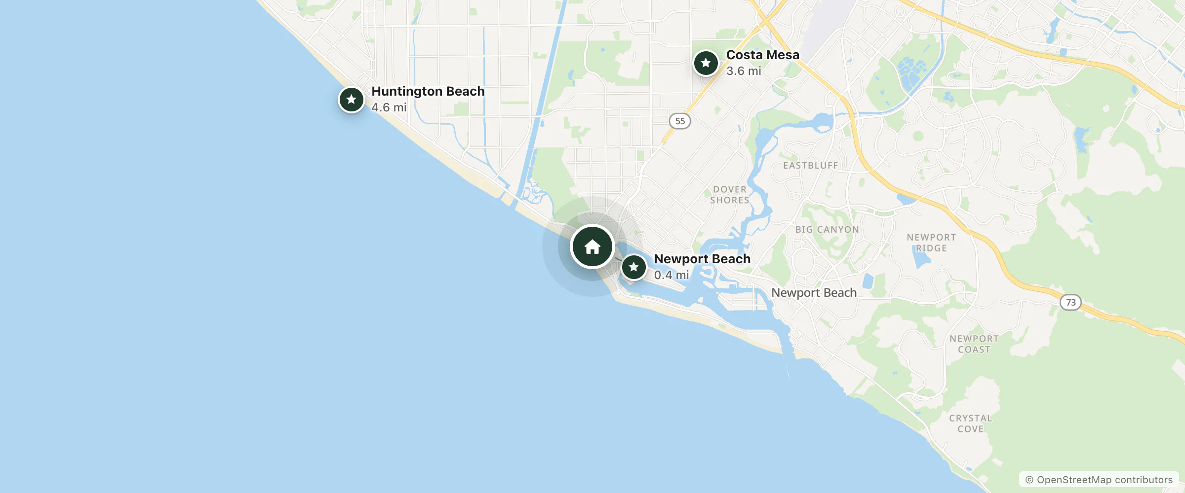 Map of The Beach Boathouse and nearby Newport Beach, Costa Mesa and Huntington Beach