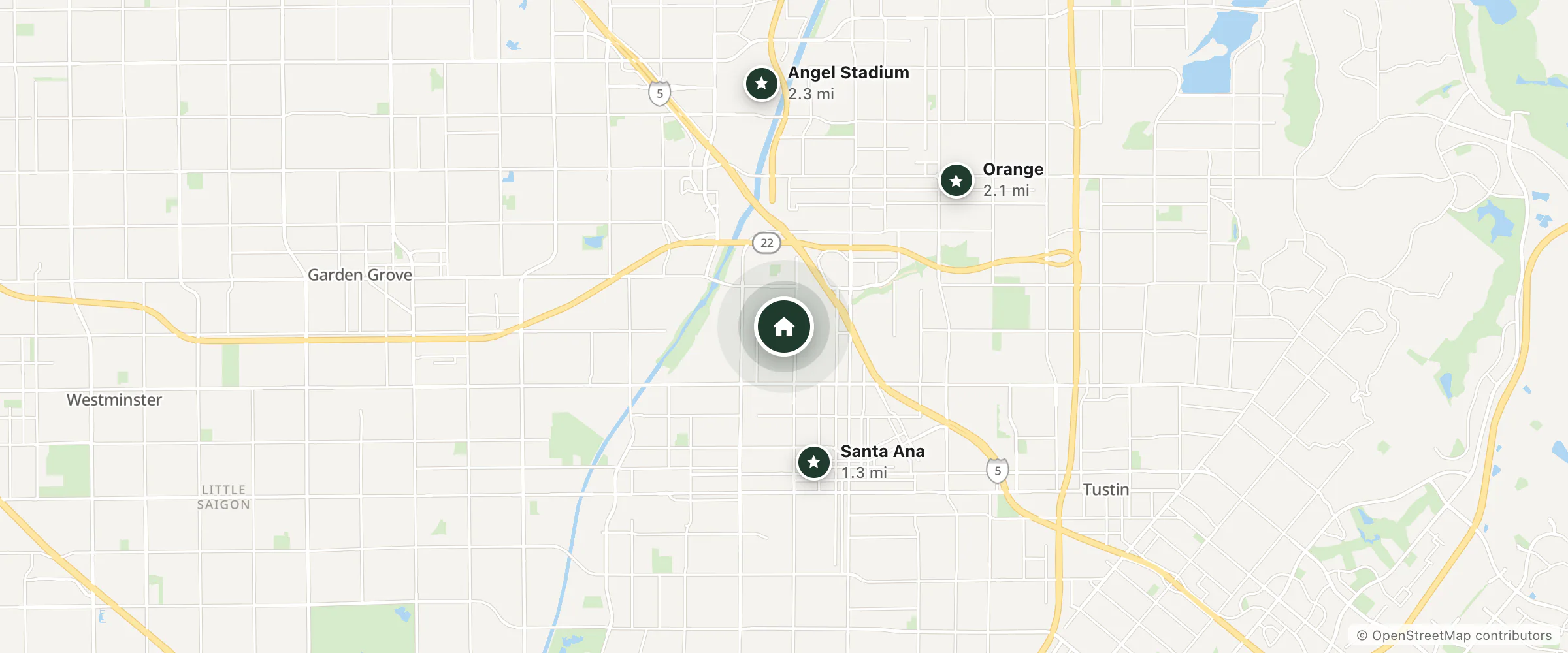 Map of Agave Resort and nearby Santa Ana, Orange and Angel Stadium