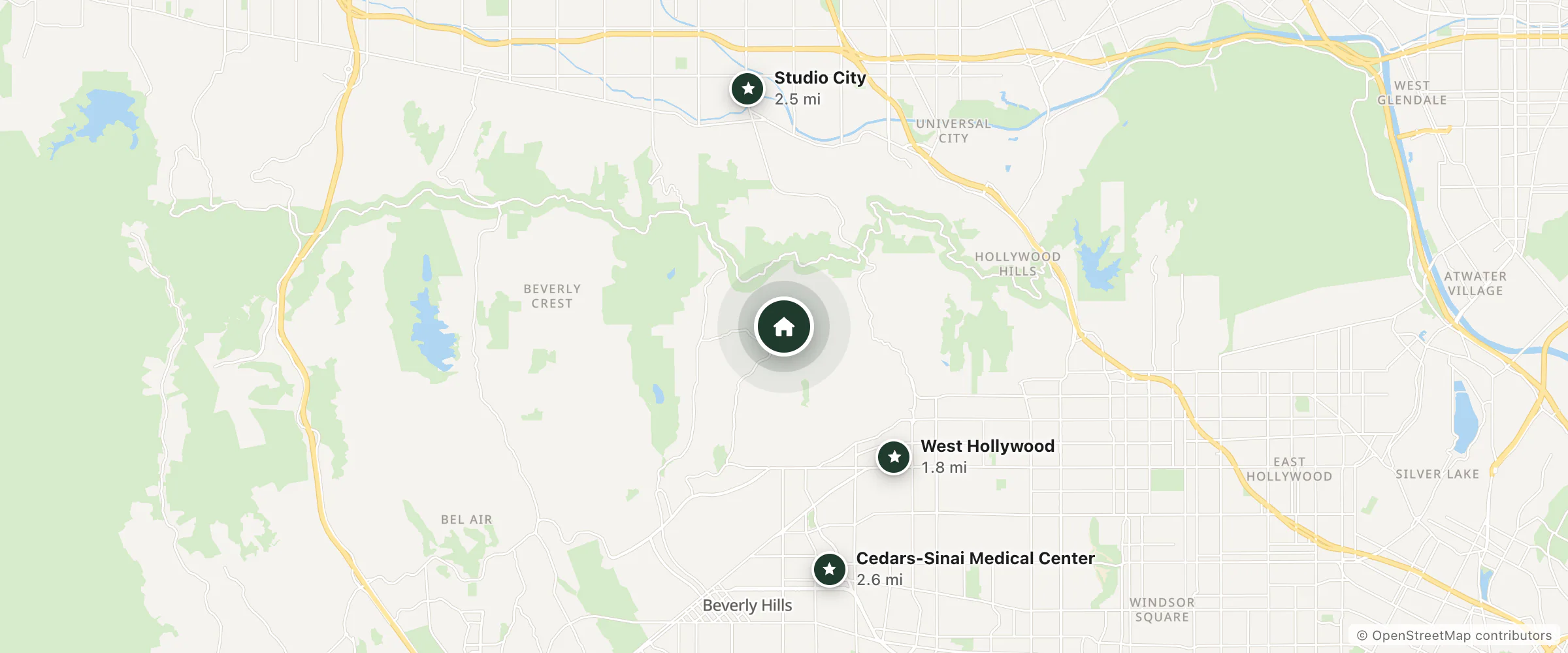 Map of Genre Hotels and nearby West Hollywood, Studio City and Cedars-Sinai Medical Center