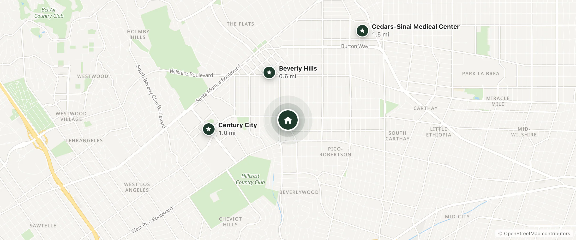 Map of Avalon Hotel Beverly Hills and nearby Beverly Hills, Century City and Cedars-Sinai Medical Center