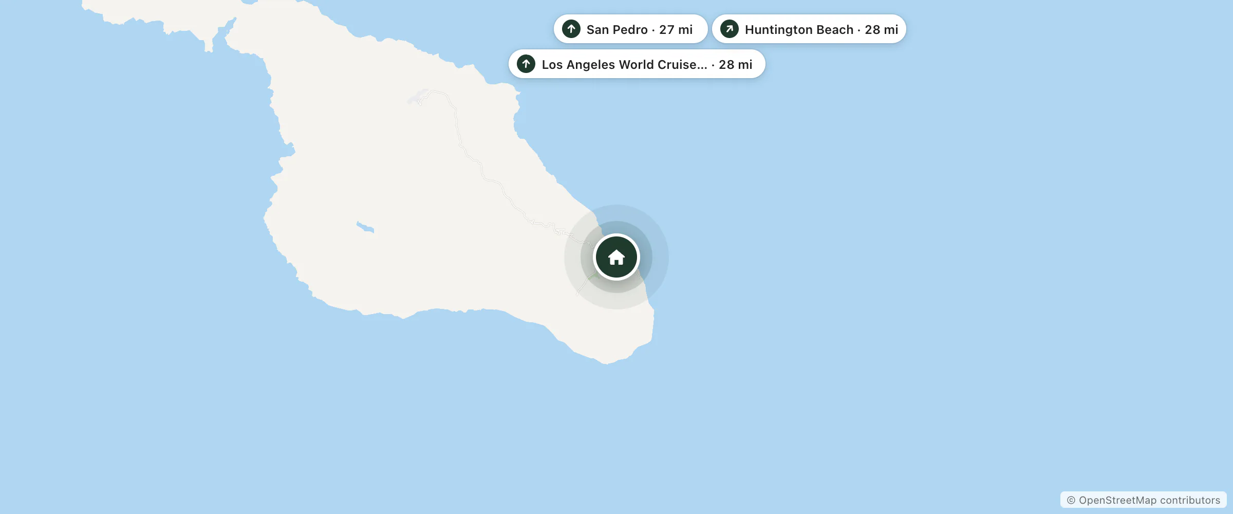 Map of Mt Ada and nearby San Pedro, Los Angeles World Cruise Center and Huntington Beach