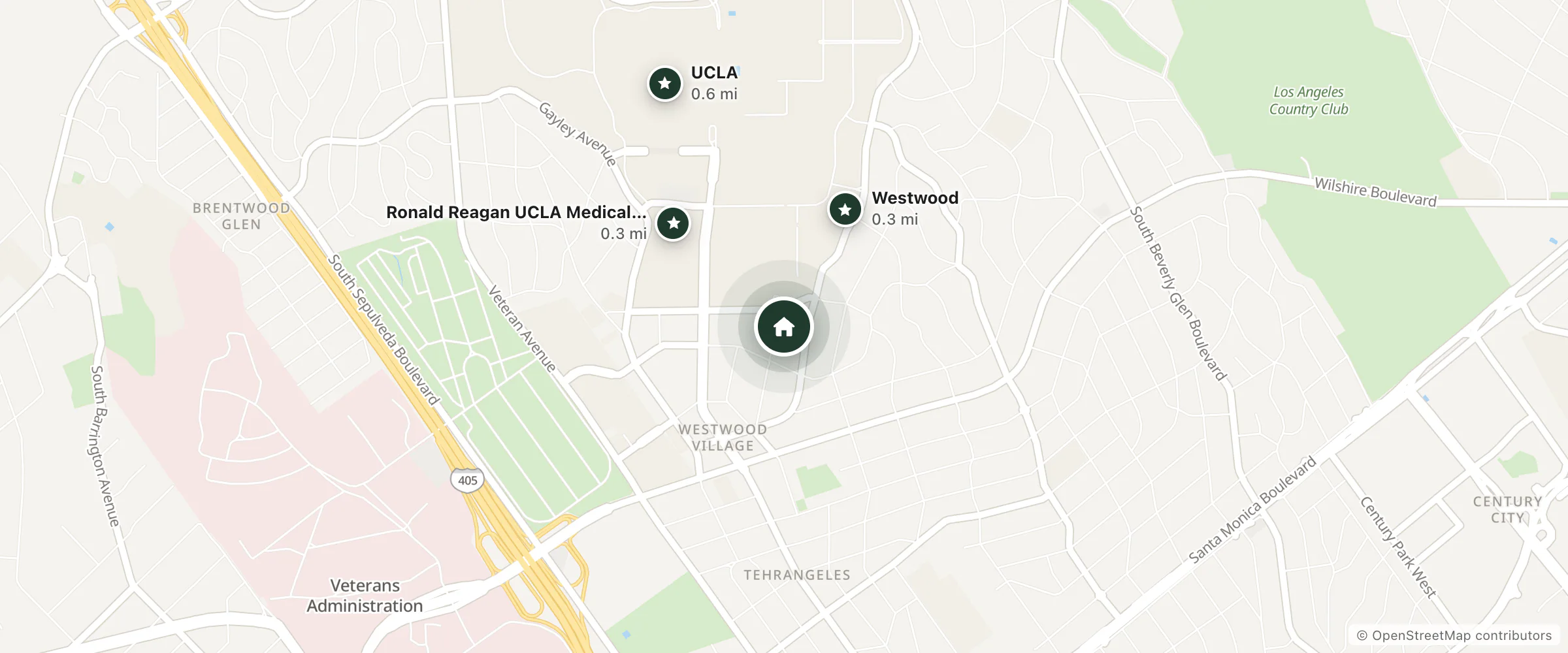 Map of UCLA Tiverton House and nearby Westwood, Ronald Reagan UCLA Medical Center and UCLA