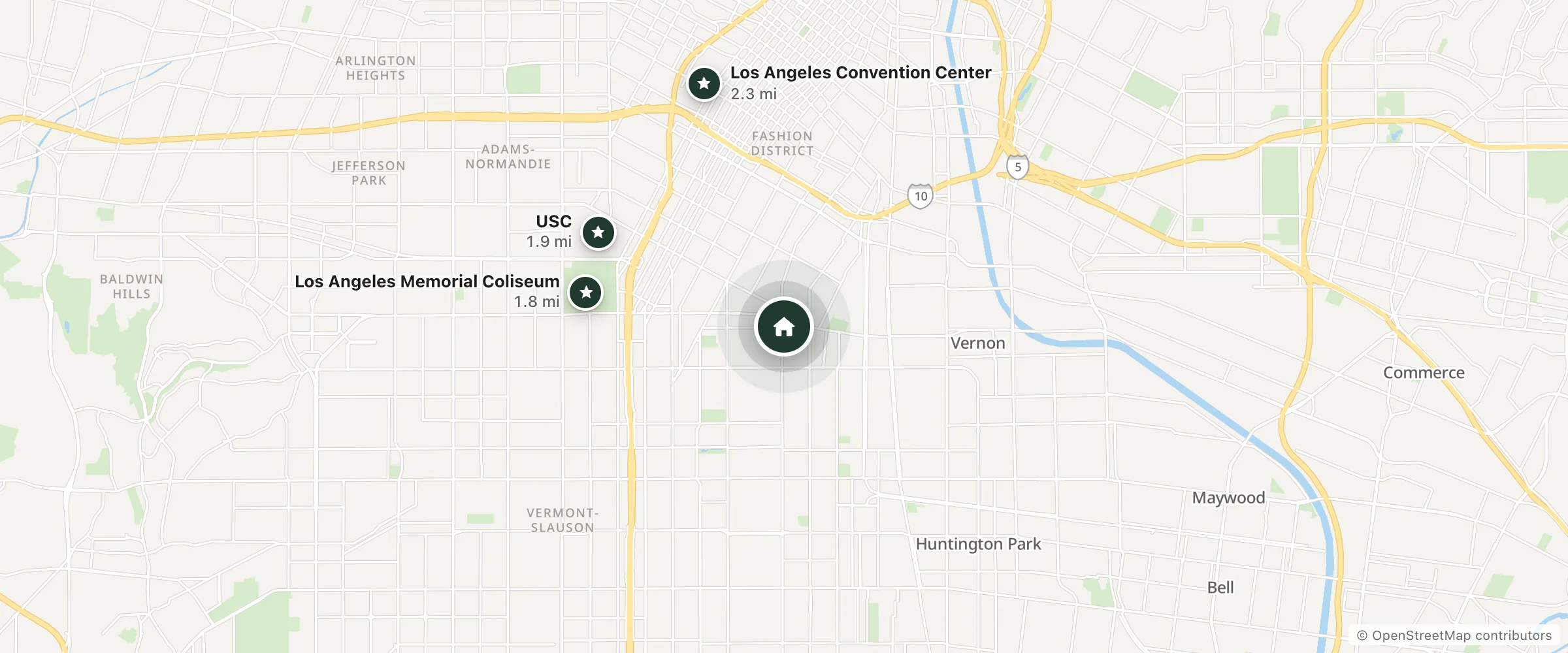 Map of Central Inn Motel and nearby Los Angeles Memorial Coliseum, USC and Los Angeles Convention Center